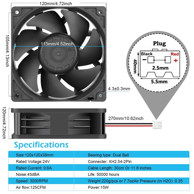 Wathai 120mm x 38mm Replacement 24V Fan Dual Ball High