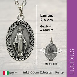 Lunexus Jungfrau Maria Kette Silberfarben - gesegnet - Christlicher Anhänger 2,4cm mit Kreuz Rückseite - Heilige Madonna Halskette für Frauen Männer Kinder - 60 cm Edelstahl - Medaille Geschenk