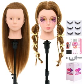 28Inch 60% Real Hair Makeup Mannequin Head, Cosmetology Mannequin Head with Hair for Makeup Braiding Curling Cuting,Makeup Doll Head for Hair Styling with Table Clamp Hair Styling Set(Blonde)