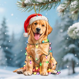 Golden Retriever Christmas Ornament 2025 – Wooden Dog Holiday Tree Decoration with Santa Hat & Lights, for Pet Lovers & Golden Owners