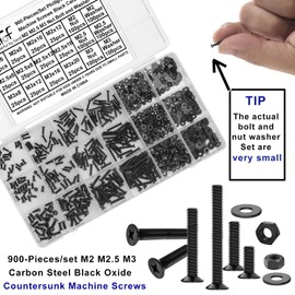 HanTof 900PCS Countersunk Screws Assortment Kit, M2 M2.5 M3 Bolts and Nuts Washers Set, Phillips Drive Flat Head Machine Screws, Carbon Steel Black Oxide, Small Bolts Fully Threaded with Storage Box.