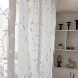 SLOW SOUL Set of 2 Panels White Leaves Sheer Curtains French Door Curtains Semi Sheer Leaf Embroidered Curtains & Drapes for Bedroom Living Room Rod Pocket 52W X 102L inch