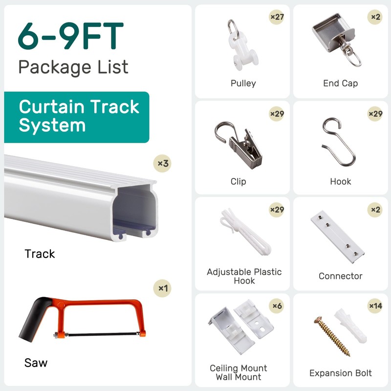 Houmiggle Silent Ceiling Curtain Track with Wall Mount, 6ft-9ft, White