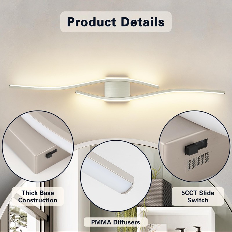 Joossnwell Brushed Nickel Vanity Light for Bathroom Light Fixtures Modern