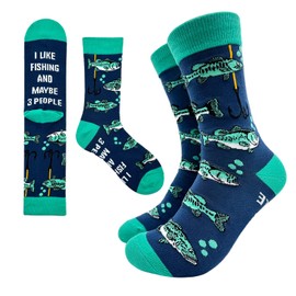 Cusrtyh I Like Fishing And Maybe 3 People Novelty Funny Breathable Printed Cotton Socks, Unisex Cozy Knitted Crew Socks, Gifts for Fishing lover Outdoor Lovers Hunters Teen Son Husband Dad Boyfriend