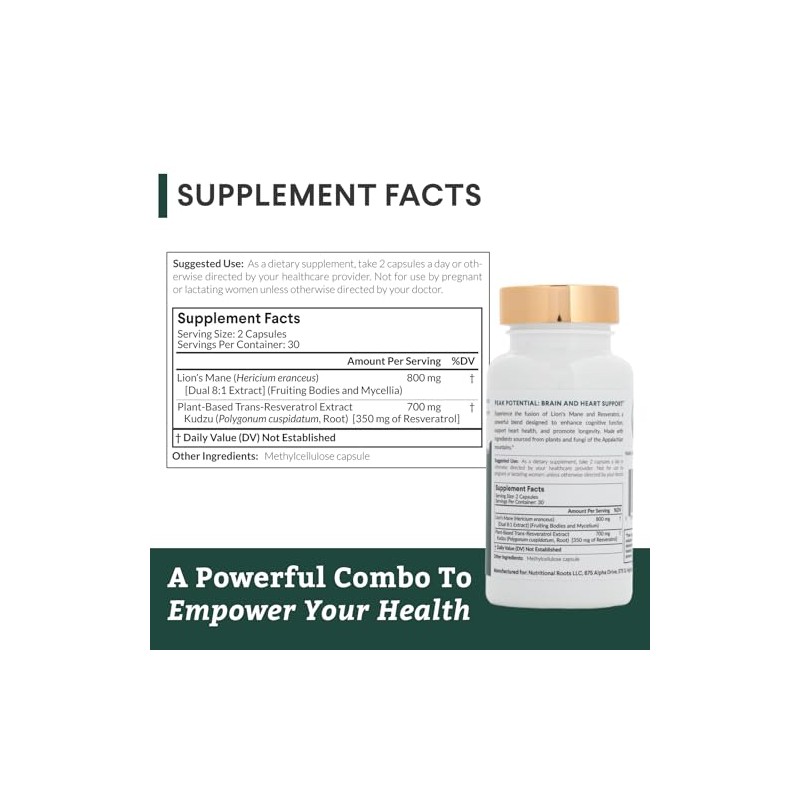 Nutritional Roots- Melena de Leones y Resveratrol, 800 mg de