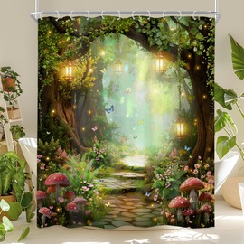 Newsely Fantasy Fairy Path Shower Curtain 60Wx72L Inch Magic Enchanted Misty Whimsical Mushroom Floral Tree Butterfly Bathroom Set Wonderland Nature Waterproof Bath Decoration Accessories Home Decor