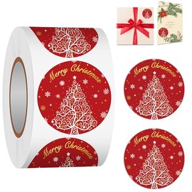 Rollo de Etiquetas Adhesivas de Feliz Navidad, 1.5 pulgadas 500 Piezas Redondas Rojas de Árbol de Navidad Felices Fiestas de Invierno Adhesivos para Tarjetas de Navidad Regalos Favores