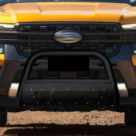 TLAPS 7422456678658 Compatible with 2019-2023 Ford Ranger Matte Black Studded Mesh Style Bull Bar Guard with Skid Plate