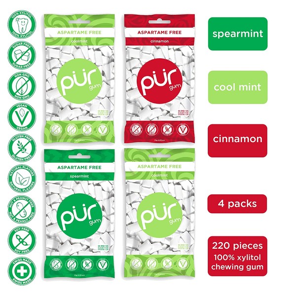 PUR 100% Xylitol Chewing Gum, Variety Pack, Sugar-Free + Aspartame Free, Vegan + non GMO, 55 Count (Pack of 4)