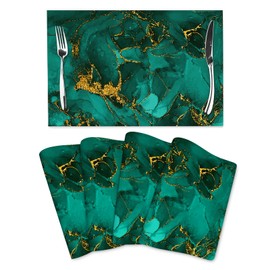 Turquoise Marble Decorative Placemats Set of 4, Emerald Dark Green Table Mats for Kitchen Holiday Party Modern Farmhouse Home Decor 12x18 Inch