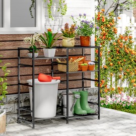 ThreeHio Potting Bench Table, Outdoor Garden plant stand table with storage, garden work bench station Garden tools organizer shelf