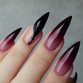 24 Pcs Ombre Press on Nails Medium Almond - MINGCHUN Summer Black Purple Fake Nails Press ons Spring Nail Art Tips Full Cover French Acrylic False Nails with 3D Rhinestones Design Glue on Nails Kit