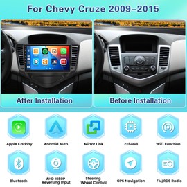 2+64GB Android Car Stereo for Chevrolet Chevy Cruze 2009-2015 Wireless Carplay Android Auto, 9 Inch Touchscreen Car Radio GPS Navi WiFi Bluetooth Backup Camera FM RDS Radio EQ SWC