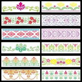 GORGECRAFT 12Pcs Flower Border Line Stencil Leaves Vine Templates Floral Edge Stencils Reusable Plastic Drawing Signs for Painting on Wall Furniture Fabrics Curtains Frame Scrapbooking DIY Decor Craft