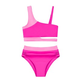 Girls 2 Piece Bathing Suits Kids Color-Blocking High Waist Bikini Set Teen Swimsuit Beach Swimwear for 15-16 Years Pink