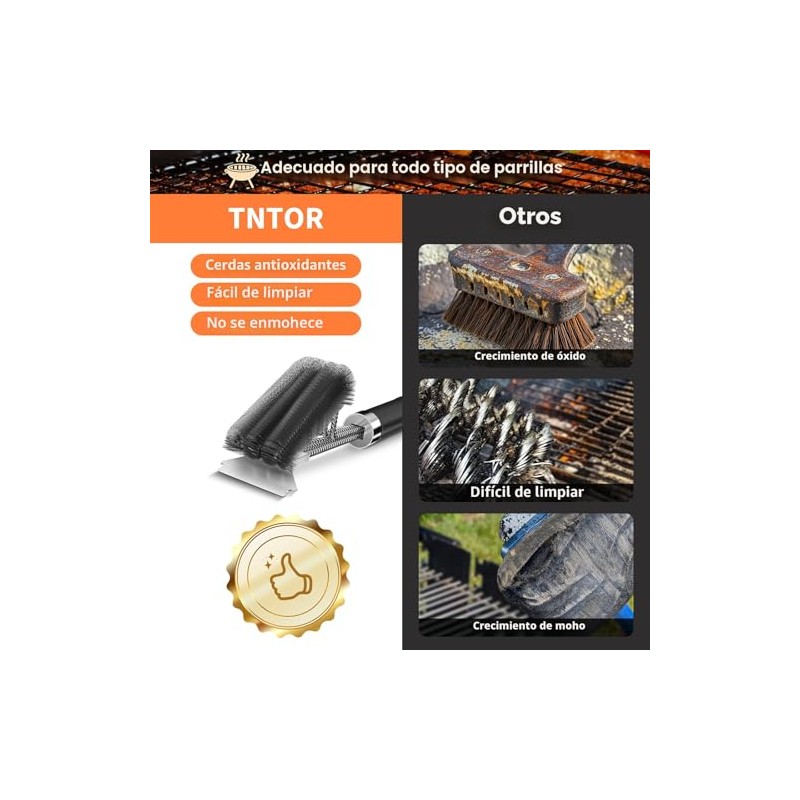 TNTOR - Cepillo para parrilla con raspador, mango ajustable de