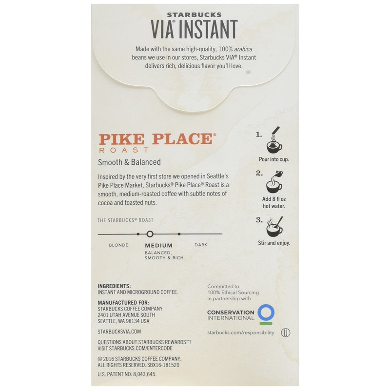 Starbucks Via Instant Coffee Pike Place Roast, (Pack of 4)