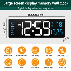 LEIKE 16" Large Digital Wall Clock Timer,Remote Control,2 Alarms, LED Display,Auto DST,Temperature,Battery Operated Wall Clock for Living Room,Bedroom,Desk,Mounted Decor(Black Clock,White Blue LED)