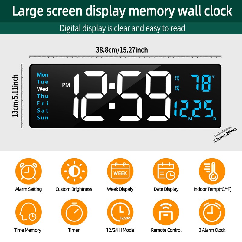 LEIKE 16" Large Digital Wall Clock Timer,Remote Control,2 Alarms, LED