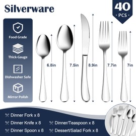 E-far Heavy Duty Silverware Set for 8, 40-Piece Stainless Steel Flatware Cutlery Set, Thick Metal Eating Utensils Including Forks and Spoons Knife, Heavy Weight & Mirror Finish, Dishwasher Safe