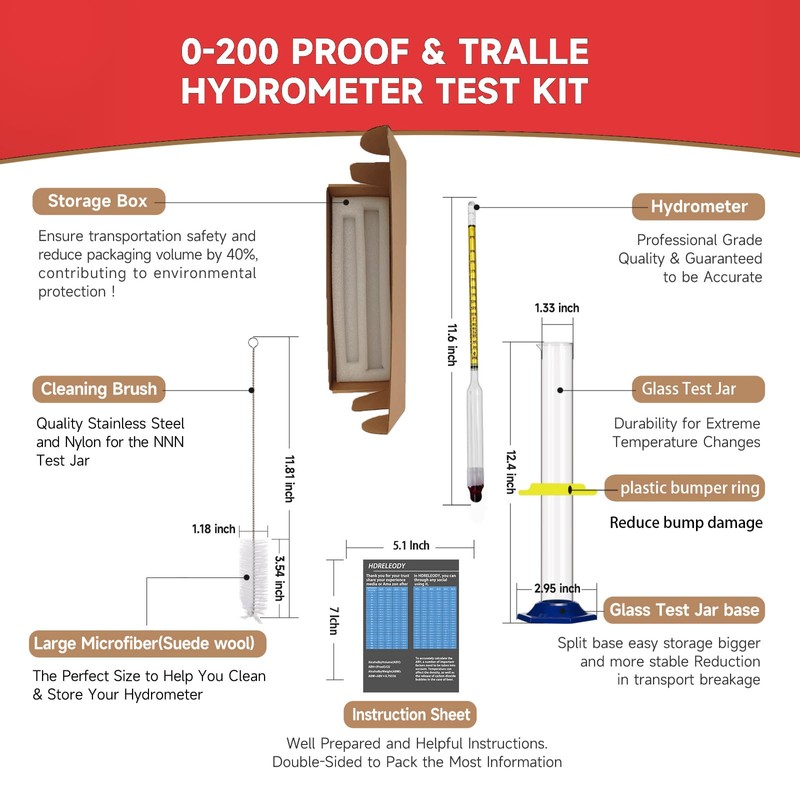 Alcohol Hydrometer Meter Test Kit 0-200 Proof & Tralle,with Glass