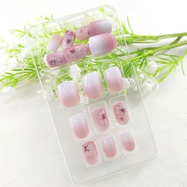 Short Press on Nails Square False Nails White Gradient Nails Press ons Glossy Acrylic Nails with Flower Dots Designs Square Glue on Nails Artificial Fake Nails for Girl Manicure Art 24Pcs