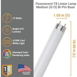 Diodesy- T8 Fluorescent Tube Light Bulb 18 Inch 15 Watts 4100K Cool White Medium 2-Pin G13 Base 610 Lumen 1.5Ft Straight High Performance Replacement Linear Lamp Rohs Compliant Pack of 30