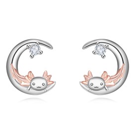 Dreamboat Axolotl Stud Earrings for Women 925 Sterling Silver Crescent Moon Animal Jewelry Gifts for Axolotls Lovers