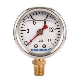 MEASUREMAN 1-1/2" Dial Size, Glycerin Filled Fuel Pressure Gauge, 304 Stainless Steel case, 0-15Psi, +/-3-2-3%, 1/8" NPT Lower Mount