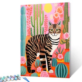 Paint by Number Cat Near Cactus DIY Painting On Canvas with Brushes Acrylic Paints Pop Art Style Graffiti Funny Kitten Paint by Numbers for Adults and Kids Students Beginner 16x20 Inch（without Frame）