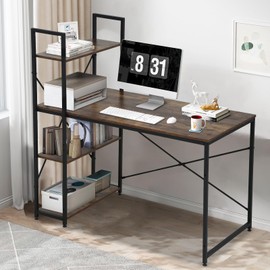 XXkseh 47Inch Computer Desk with Bookshelf, Gaming Desk with Storage Shelves, Corner Desk Writing Study Desk for Home Office (Brown)