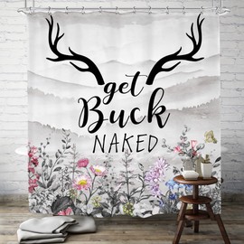 SVBright Get Buck Naked Shower Curtain 60Wx72L Inch Funny Farmhouse Country Rustic Floral Western Grey Mountain Cute Quotes Plants 12 Pack Hooks Polyester Waterproof Fabric Bathroom Bathtub Panels