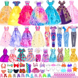 48 pcs Doll Clothes and Accessories for 11.5 inch Girl Dolls Including 2 Princess Dress, 2 Party Dress, 2 Short Dress, 2 Outfit, 5 Skirts, 2 Bikinis and 31pcs Doll Accessories (No Doll)