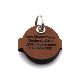 CopterFarm Dog Tag Bag for Dog Collar with Engraving, Press Stud, Faux Leather, Genuine Leather Dog Tag Individually Engraved on Both Sides (Brown, Round)