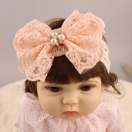 Bethynas Baby Girls Cute Bow-knot Lace Headband with pearl Christening White Soft Cotton Elastic Lace Hairband Infant Toddlers Bows Crown Hair Accessories (Pink (pearl))