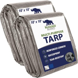 RUGGED RHINO Heavy Duty Waterproof Tarp, UV and Tear Resistant Cover with Reinforced Grommets and Corners, Outdoor Multipurpose Tarps for Camping, Patio, Garden, Car & Roof, 5 Mil, 10x10 2 Pack,Silver