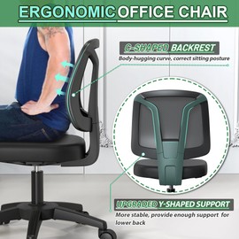 KIZECK Swivel Armless Desk Office Chair Without Arms Adjustable Height and Lumbar Support for Home