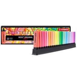 STABILO BOSS ORIGINAL ARTY – Set de 23 marcadores fluorescentes y pastel, punta biselada 2 mm/5 mm, tinta base agua, tecnología anti‑dry‑out 4 h, soporte de escritorio