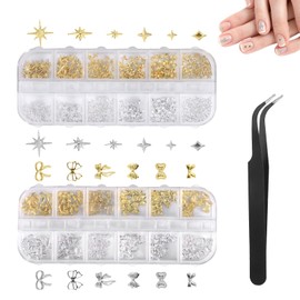 Gold Silber Stern Schleifen Nail Charms, 3 Boxen Metall Nagelkunst Dekorations, Legierung Glitzersteine Nagel Edelsteine Deko für Nageldesign Zubehör