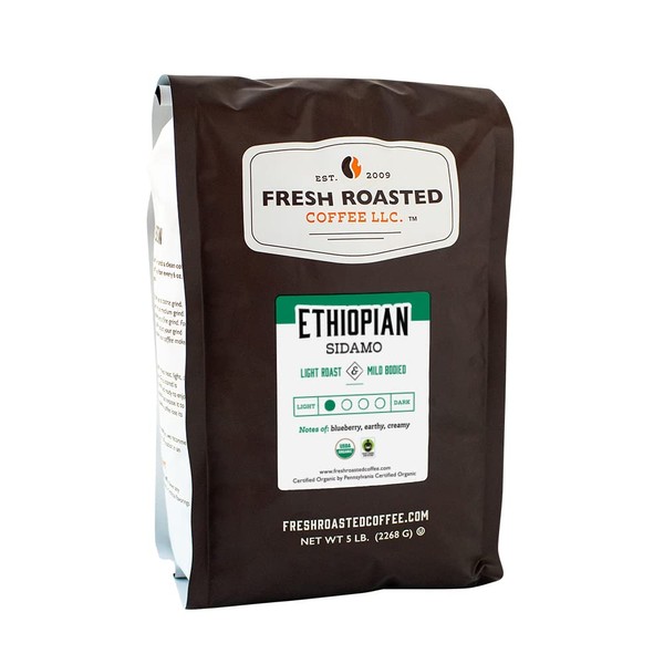 Fresh Roasted Coffee, Fair Trade Organic Ethiopian Sidamo, 5 lb (80 oz), Light Roast, Kosher, Whole Bean