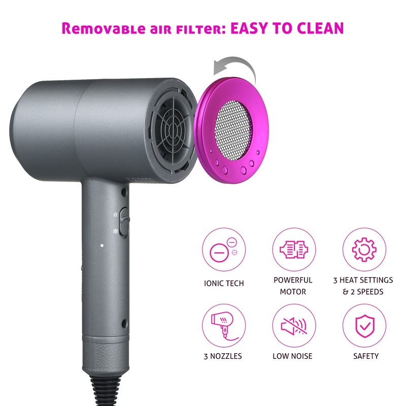 Ionic Hair Dryer with 3 Nozzles Diffusers 3 Heat Settings