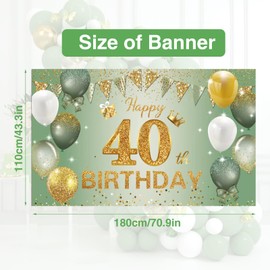 Moorle 40th Birthday Banner Decorations, Large Sage Green Gold Happy 40th Birthday Banner, 40th Birthday Backdrop Banner for Women Men, Shiny 40th Birthday Anniversary Photo Booth Background 180×110cm