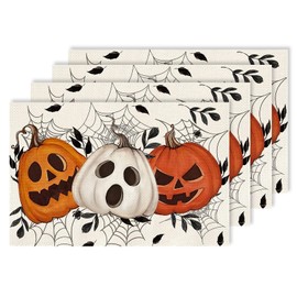 Halloween Pumpkins Placemats Set of 4 12x18 Inch Fall Spider Web Table Mats for Home Kitchen Dining Party Outdoor Indoor Decoration White CD16-02