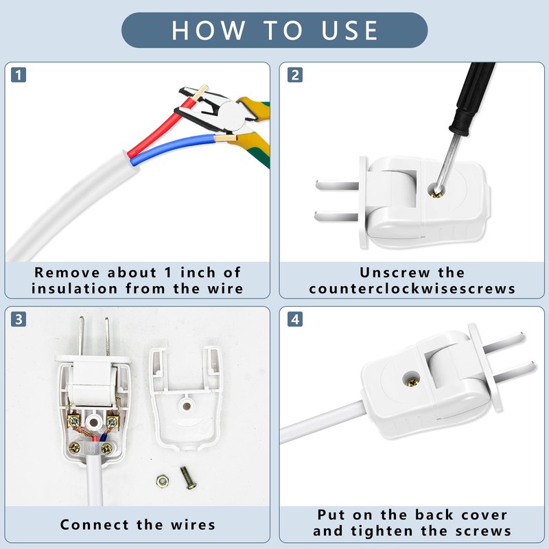 Replacement Plug 2 Prong, Extension Cord Replacement Male Power Plug,