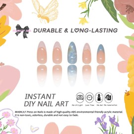 Handmade Press on Nails Medium Almond MABKJLF French Tip Fake Nails 3D Blue White Flower False Nails with Designs Floral Nails Glossy Glue on Nails Spring Summer Acrylic Nails for Women Girls 24 Pcs