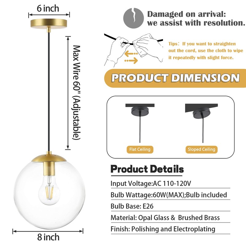 KoKo&Yukina 8 Inch Globe Pendant Lighting for Kitchen Island Mid
