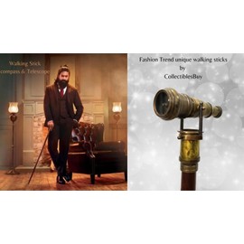 Antique Marine High Magnification Telescopic Walking Stick Cane Nautical Handmade Solid Wooden Cane Telescope Compass