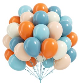 60pcs 12inch Blue and Orange Balloons, Dusty Blue Light Blue Orange Sand White Nude Balloons with Ribbon for Baby Shower Blue Birthday Party Decorations