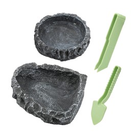 Reptile Bowls, 2 Pcs Reptile Feeding Dish with Clamp & Shovel, Resin Rock Reptile Water & Food Bowls, Amphibian Reptile Feeding Terrarium Bowls for Gecko Lizard Spider Scorpion Chameleon